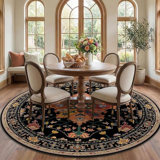 Area Rugs 7ft Washable Non-Slip, Floral Vintage Distress Print Pattern Medallion Carpet for Living Room Bedroom Dining Room, Black Colorful Floral Dark Tan