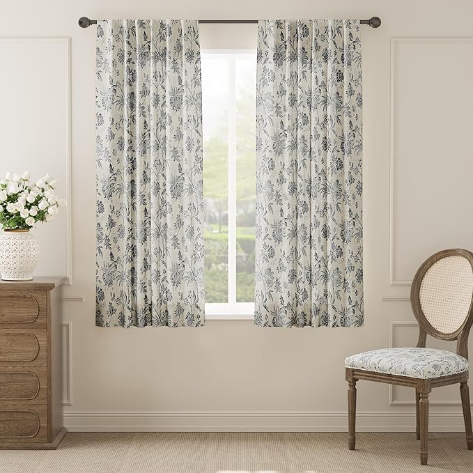 jinchan Linen Floral Curtains for Living Room with Printed Flower 63 Inches Long Light Filtering French Country Back Tab Rod Pocket Black Window Curtain Set Farmhouse Drapes 2 Panels Black