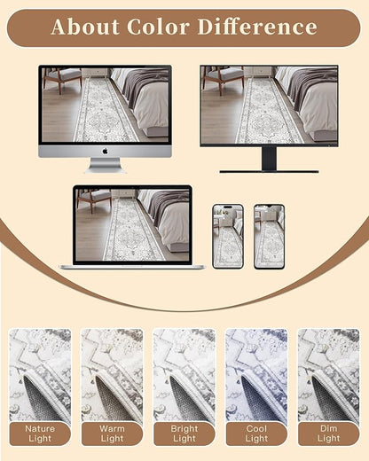 Madane Runner Rug 2x8, Washable Hallway Runner Rugs, Non-Slip Low-Pile Soft Kitchen Rug Runner Laundry Room Rug, Vintage Throw Entry Foyer Mat for Entrance Living Room (Grey, 2 x 8)
