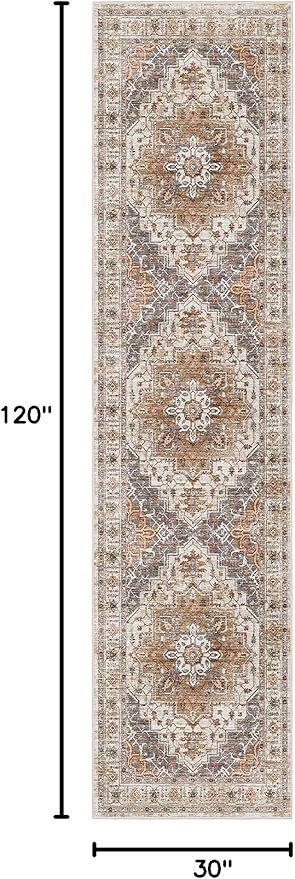 Madane Hallway Runner Rug 2'6''x10' Kitchen Runner, Non Slip Vintage Runners for Hallways Washable Kitchen Rugs Soft Low Pile 2.5x10 ft Rug Runner for Laundry Room, Entryway and Bedroom, Turmeric/Grey