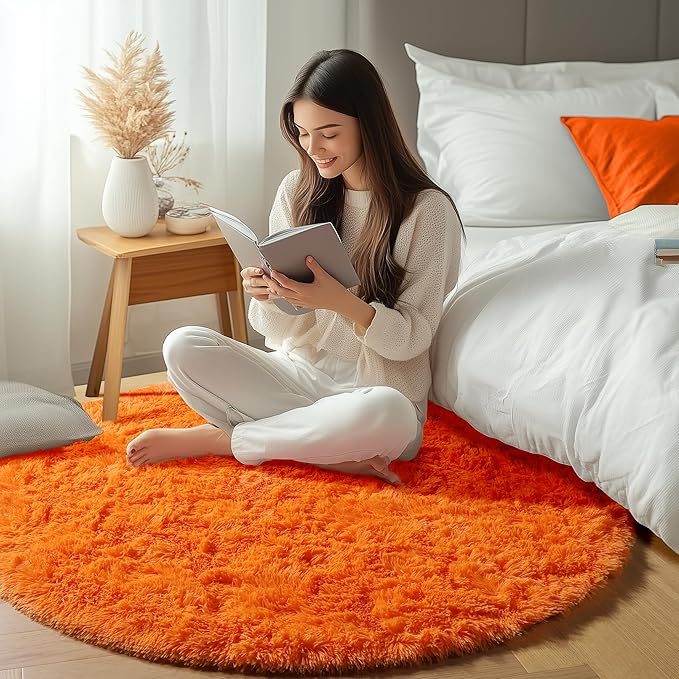 ONASAR Orange Round Area Rugs 4ft for Bedroom Living Room, Fluffy Circle Rug for Kids Girls Boys Teen, Soft Plush Shaggy Carpet for Nursery Dorm Classroom Playroom Home Decor Aesthetic