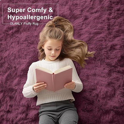 OLANLY Area Rugs for Living Room Bedroom, Machine Washable 4x5.9 ft Soft Fluffy Shaggy Bedside Rug, Indoor Floor Carpet for Kids Girls and Boys, Dorms, Nursery Rooms, Home Decor Aesthetic, Burgundy
