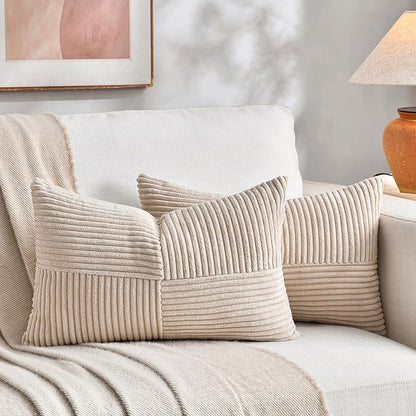Fancy Homi 2 Packs Tan Lumbar Decorative Throw Pillow Covers 16x26 Inch for Living Room Couch Bed Sofa, Farmhouse Boho Home Decor, Soft Striped Corduroy Rectangle Accent Cushion Case 65x40 cm