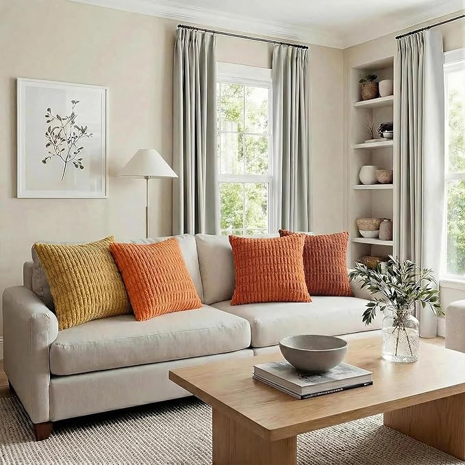 Fancy Homi Set of 4 Burnt Orange Fall Decorative Throw Pillow Covers 20x20 Inch for Couch Bed Chair, Modern Farmhouse Boho Room Decor, Soft Fuzzy Corduroy Textured Striped Cushion Case 50cm