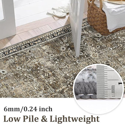 Yamaziot Washable Runner Rug 2x8 – Non Slip Boho Floral Hallway Runner Rug with Rubber Backing, Low Pile Wool Distressed Carpet for Kitchen, Laundry, Bedroom, Entrance, Tan