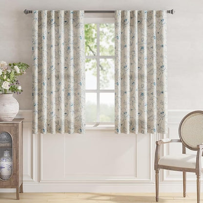 jinchan Floral Linen Curtains for Living Room 63 Inch Length Blue Flower Curtain Rod Pocket Back Tab Farmhouse Curtains with Printed Floral Bedroom Window Curtain Set, 2 Panels Blue