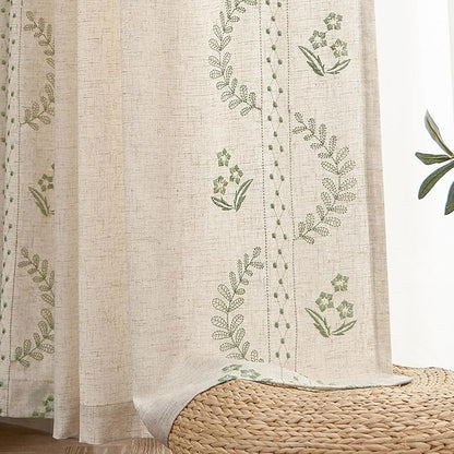 jinchan Belrose Linen Curtains for Bedroom Floral Curtains 72 Inch Length Linen Blend Sage Green Embroidered Drapes Farmhouse Flower Patterned Drapes for Living Room Window Treatments Set 2 Panels