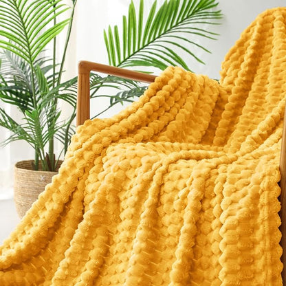 Exclusivo Mezcla Fleece Queen Blanket for Bed, Extra Large Fuzzy Mustard Yellow Bed Blankets, Soft Cozy Plush Sofa Throws for All Seasons, 90x90 Inches