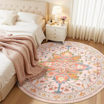 Area Rugs 6ft Washable Non-Slip, Floral Vintage Distress Print Pattern Medallion Carpet for Living Room Bedroom Dining Room, Light Pink Colorful