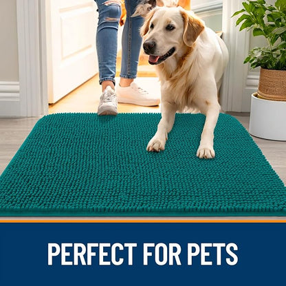 OLANLY Dog Door Mat for Muddy Paws 30x17, Absorbs Moisture and Dirt, Absorbent Non-Slip Washable Doormat, Quick Dry Chenille Mud Mat for Dogs, Entry Indoor Entryway Carpet for Inside Floor, Lake Blue