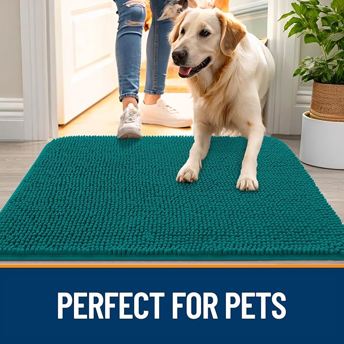 OLANLY Dog Door Mat for Muddy Paws 47x20, Absorbs Moisture and Dirt, Absorbent Non-Slip Washable Doormat, Quick Dry Chenille Mud Mat for Dogs, Entry Indoor Entryway Carpet for Inside Floor, Lake Blue