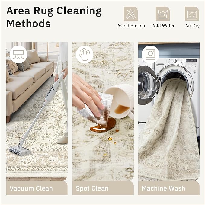 Area Rug 6x9, Washable Rugs, Stain Resistant Gray Area Rugs for Living Room Bedroom Dining Room, Vintage Farmhouse Rug Beige