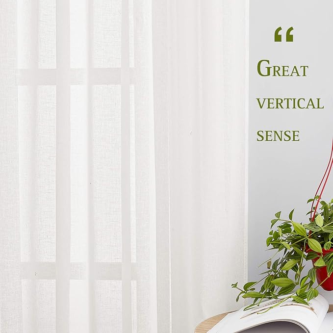 NICETOWN 45 inch Long Rich Linen Curtains Flax Texture, Grommet Top Rustic Drapes Half Window Semi Sheer with Light Filtering for Kitchen/Nursery/Cafe, Ivory, 104" Wide Total 2 Panels