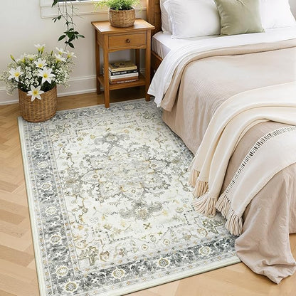 Lofus 3x5 Area Rugs for Entryway, Machine Washable Small Living Room Area Rug, Low Pile Non-Slip Rugs for Bedroom, Kitchen, Home Office, Vintage Oriental Print Rug, Taupe Grey