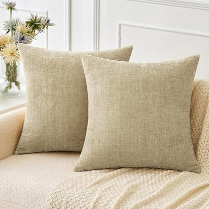 MIULEE Pack of 2 Beige Throw Pillow Covers 18x18 Inch Soft Chenille Pillow Covers for Sofa Living Room Spring Home Decor Couch Solid Dyed Cases Not Pillow Inserts