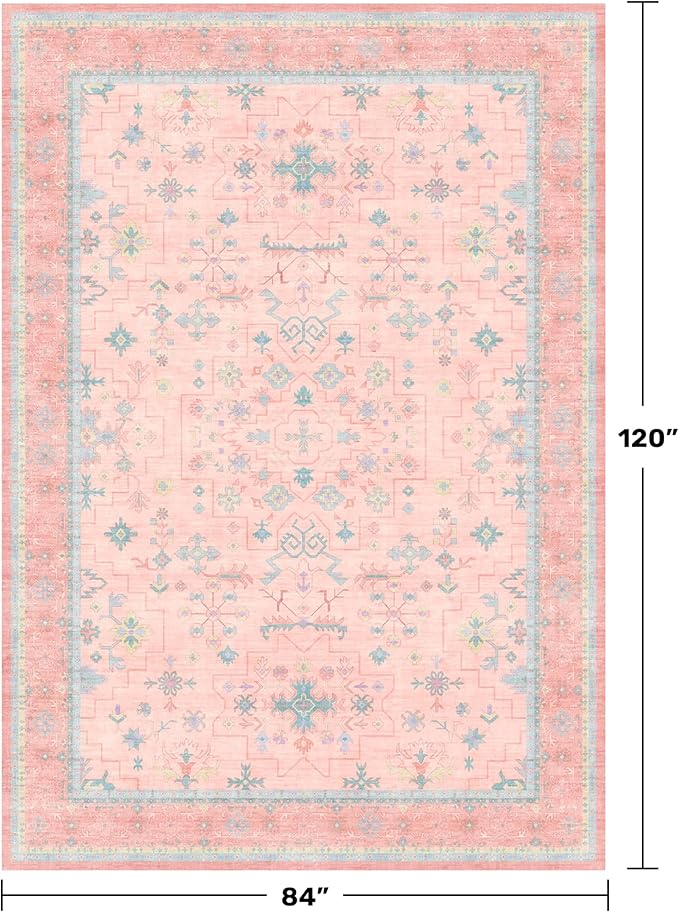 Washable Pink and Blue 7x10 Oushak Rugs for Bedroom Girls Dorm Living Room, Modern Floral Aethestic Distressed Design, Soft Low Pile Non Slip Stain Resistance Carpet