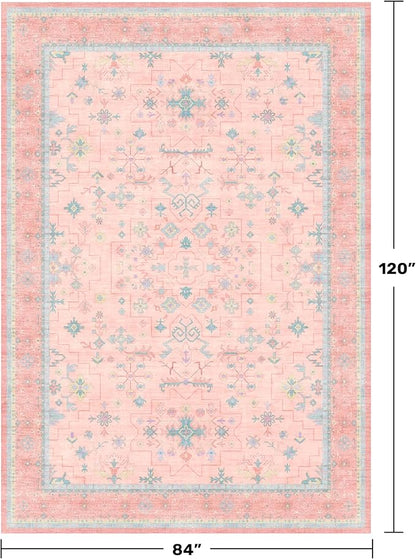 Washable Pink and Blue 7x10 Oushak Rugs for Bedroom Girls Dorm Living Room, Modern Floral Aethestic Distressed Design, Soft Low Pile Non Slip Stain Resistance Carpet