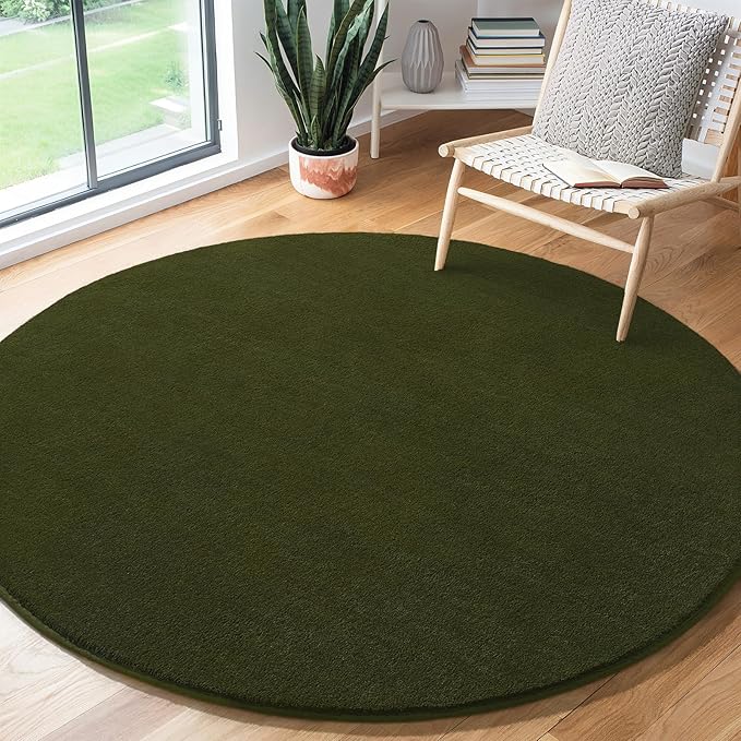 Amearea Olive Green Round Area Rugs 4ft Washable Circle Rugs for Bedroom Living Room, Fluffy Indoor Thickened Memory Foam Rug, Non Slip Minimalist Circular Carpet for Kids Boy Girl Dorm Nursery Room