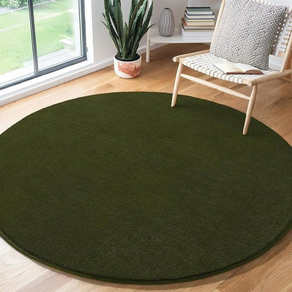 Amearea Olive Green Round Area Rugs 4ft Washable Circle Rugs for Bedroom Living Room, Fluffy Indoor Thickened Memory Foam Rug, Non Slip Minimalist Circular Carpet for Kids Boy Girl Dorm Nursery Room