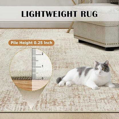 9x12 Area Rugs for Living Room Washable Rug: Anti-Skid Abstract Modern Living Room Rug Soft Thin Carpets Indoor Floor Non-Shedding Carpet for Bedroom Dining Farmhouse Nursery Home Office Beige White
