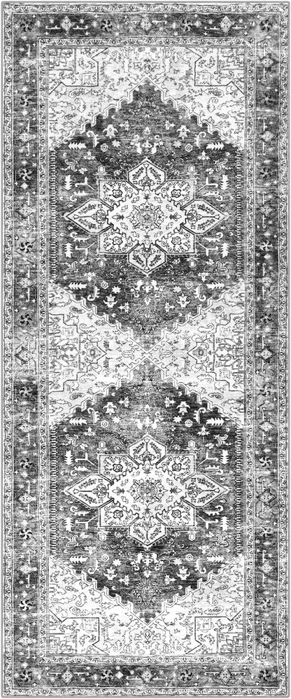 Yamaziot Washable Runner Rug, 2x5 Non-Slip Boho Vintage Hallway Rug Runner with Rubber Backing, Stain Resistant & Low Pile Faux Wool Distressed Carpet Runner for Bedroom, Kitchen, Laundry, Entrance