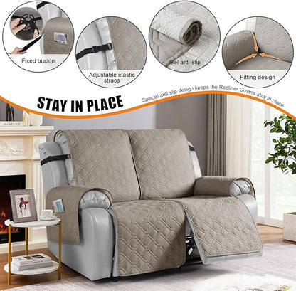 VANSOFY Waterproof Recliner Couch Covers, Sofa Covers 1-Piece Washable Reclining Sofa Cover Non-Slip Furniture Protector with Elastic Straps Pocket for Dogs, Pets(Khaki,Oversized 2 Seater)