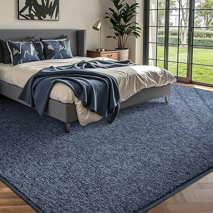 FinRèc 8x10 Washable Area Rugs for Bedroom Living Room, Low Pile Thin Rug Solid Color, Non-Slip Carpet Indoor for Home Decor (Navy Blue)