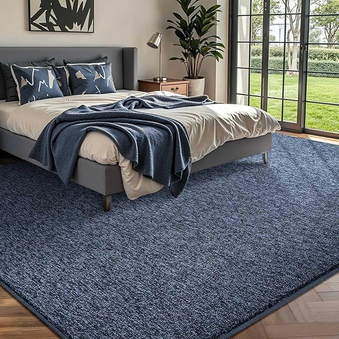 FinRèc 7x10 Washable Area Rugs for Bedroom Living Room, Low Pile Thin Rug Solid Color, Non-Slip Carpet Indoor for Home Decor (Navy Blue)