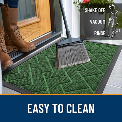 OLANLY Front Door Mat Indoor Outdoor Entrance, Waterproof All-Season, All-Weather Doormat, Sturdy Natural Rubber, Low Profile, Easy Clean Patio Porch Entryway Mat, Herringbone Brick (Green, 29.5x17)