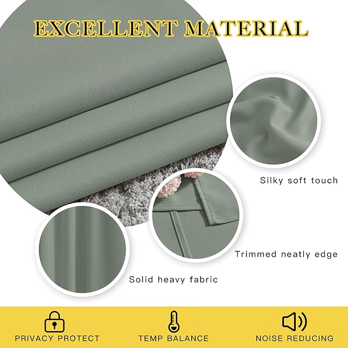 NICETOWN Blackout Sage Green Curtains for Bedroom, Energy Saving Thermal Insulated Sound Dampening Window Curtains Grommet Room Darkening for Living Room, 2 Panels, W52 x L90