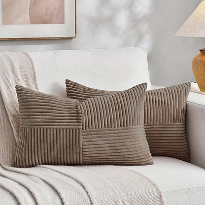 Fancy Homi Set of 2 Light Brown Lumbar Decorative Throw Pillow Covers 16x26 Inch for Living Room Bedroom Couch Bed Sofa, Soft Striped Corduroy Modern Rectangle Accent Cushion Case 65x40 cm