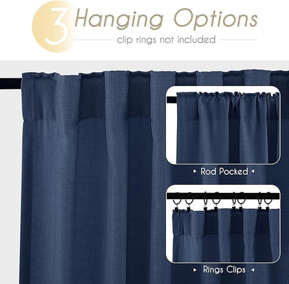 Navy Blue Curtains 96 inch Length for Bedroom Back Tab Light Filtering Semi Sheer Blue Living Room Curtains Linen Cotton Textured Indigo Blue Drapery Panel Modern Farmhouse Aesthetic Decor Dark Blue