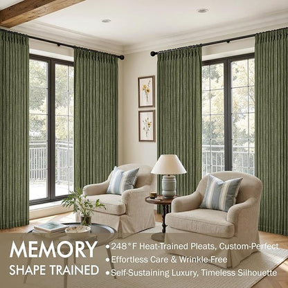 MIULEE Olive Green Pinch Pleated Linen Curtains 96 Inches Long 2 Panels for Living Room Bedroom, Linen Texture Memory Trained Drapes Back Tab Semi Sheer Moss Green Window Curtains with Hooks&Rings