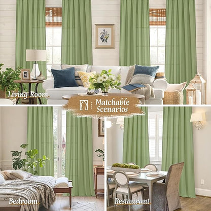 LAMIT Sage Green Linen Curtains 72 inches Long for Living Room, Soft Thick Semi Sheer Light Filtering Rod Pocket Privacy Window Treatments Drapes for Bedroom, 2 Panels Set, 52 x 72 Inch