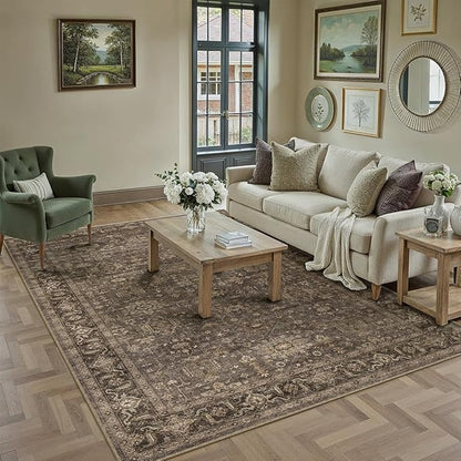 5x7 Washable Area Rug for Living Room Bedroom Vintage Brown Soft Low Pile Carpet Traditional Retro Non Slip Throw Rug for Dining Room Entryway Indoor Dorm Kitchen