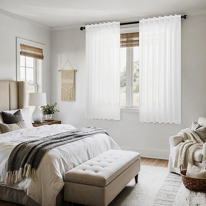 MIULEE White Linen Curtains Short 63 Inch Long 2 Panels for Kitchen Bedroom, Soft Thick Linen Textured Window Drapes Semi Sheer Light Filtering Back Tab Rod Pocket Burlap Look Decor