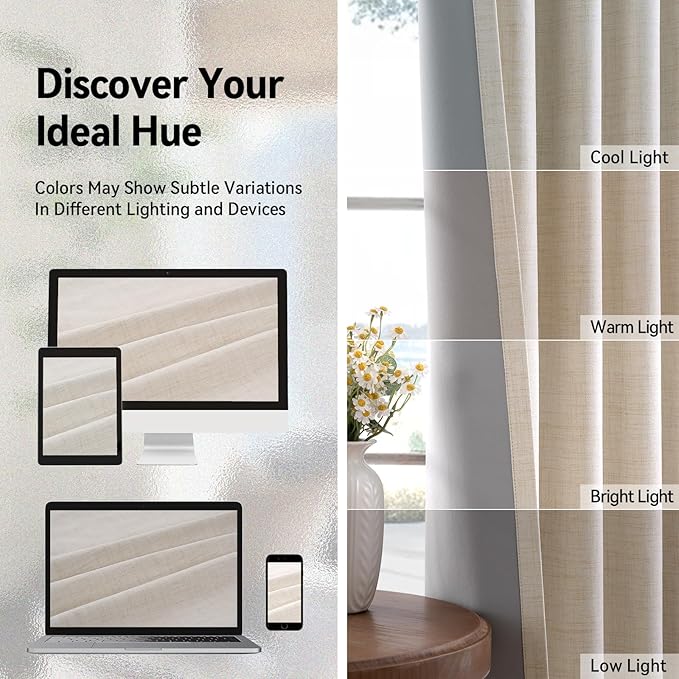 100% Blackout Shield Linen Blackout Curtains for Bedroom, Butter Cream Grommet Curtains for Living Room, Thermal Insulated Room Darkening Drapes for Nursery, Boho Home Decor, 50" W x 84" L, 2 Panels