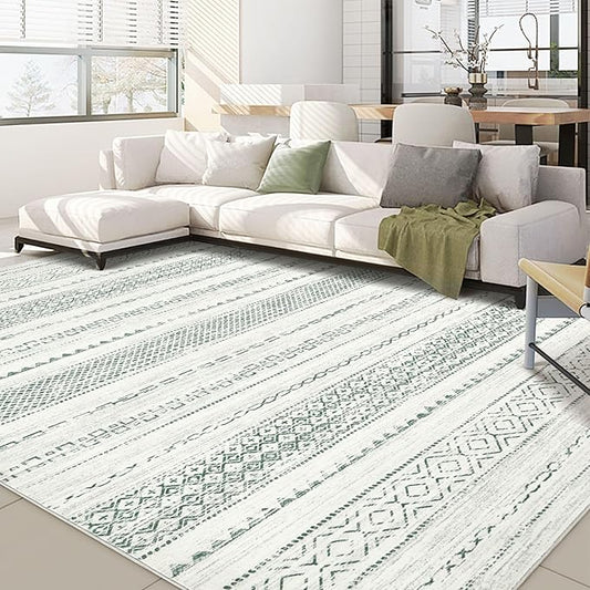 Nakagishi Green Rug Living Room Rugs: 8x10 Washable Boho Large Neutral Soft Farmhouse Stain Resistant Modern Non Slip Indoor Floor Carpet for Bedroom Nursery Kids Playroom Office Dining Room Home