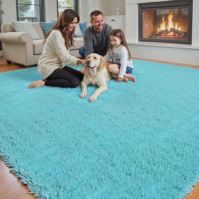 Area Rugs 9x12 Living Room, Shaggy Carpet Soft Plush Furry Bedside Rug Large Area Rugs for Bedroom Kids Girls Boys Home Decor Anti Slip(9 x 12, Teal Blue)