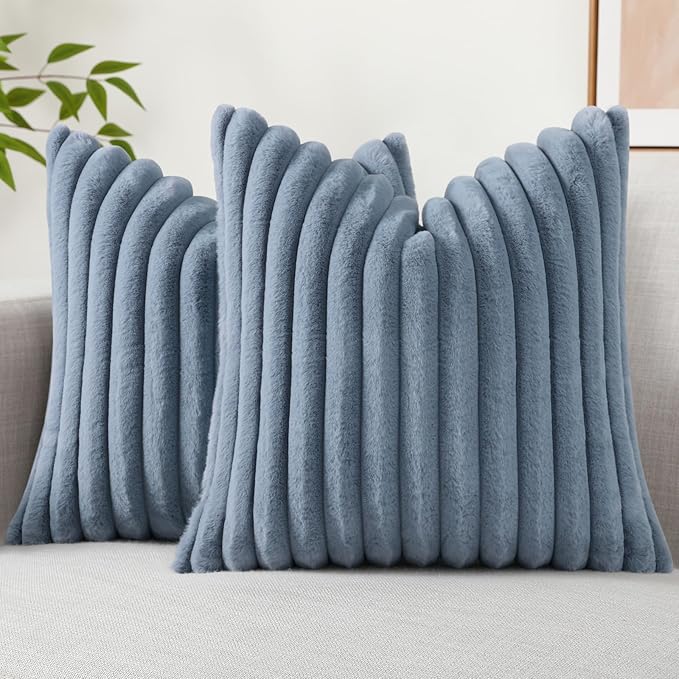 decorUhome Cozy Faux Fur Throw Pillow Covers 26x26 Set of 2 Decorative Soft Plush Striped Modern Farmhouse Boho Couch Euro Sham Pillow Cases with Velvet Back for Sofa Bed Living Room, Grey Blue