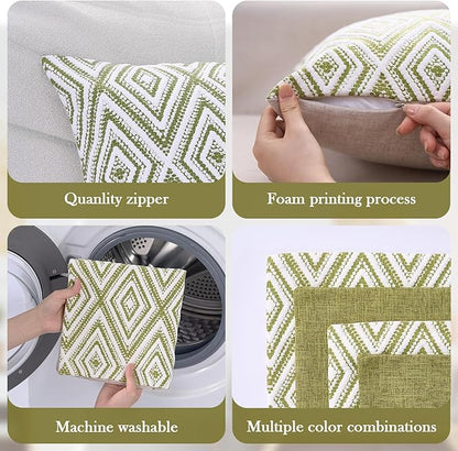 HPUK Decorative Throw Pillow Covers Set of 4 Geometric Design Linen Cushion Cover for Couch Sofa Living Room, 20"x20" inches, Green