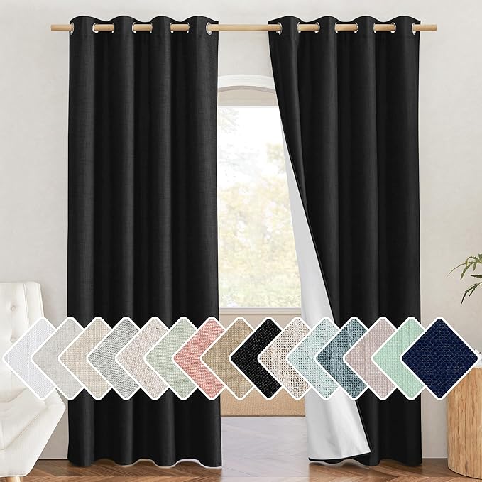 NICETOWN Vintage Open Linen Weave Flax Thermal Black Curtains for Holloween Decoration, 100% Blackout Curtains 84 inches Long 2 PCs for Dining Room, Soundproof Window Treatment Drapes for Hall Room