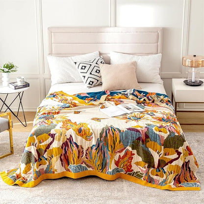 MSGKV Boho Throw Blanket 60''x80'',100% Cotton Blanket for Couch Bed, Spring Breathable Quilt Farmhouse Home Decor Soft Lightweight Picnic Blankets