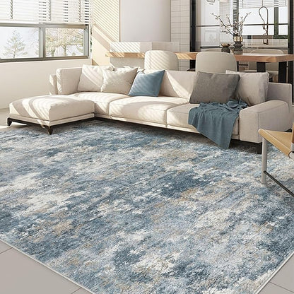 Nakagishi 10x12 Area Rugs Living Room: Washable Abstract Large Neutral Soft Rug Stain Resistant Modern Indoor Floor Non-Slip Carpet for Bedroom Nursery Kids Playroom Office Dining Room Dorm-Blue Brown