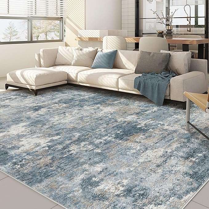 Nakagishi 9x12 Area Rugs Living Room: Washable Abstract Large Neutral Soft Rug Stain Resistant Modern Indoor Floor Non-Slip Carpet for Bedroom Nursery Kids Playroom Office Dining Room Dorm-Blue Brown