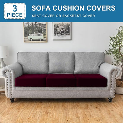 Couch Cover Stretch Velvet Sofa Cushion Cover 3-Piece - Elastic Washable Slipcover for Seat or Backrest, Couch Seat Covers for Sofas (Wine)