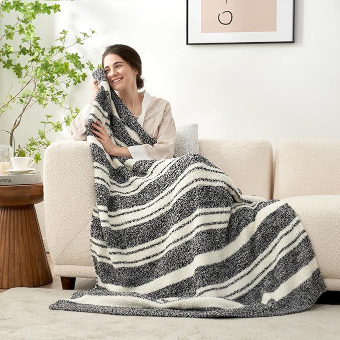Snuggle Sac Heather Throw Blanket for Couch, Reversible Super Soft Blankets Warm Cozy Knit Fuzzy Plush Lightweight for Sofa, Bed, Camping, Picnic (Stripe Black, Throw(50"x 60"))