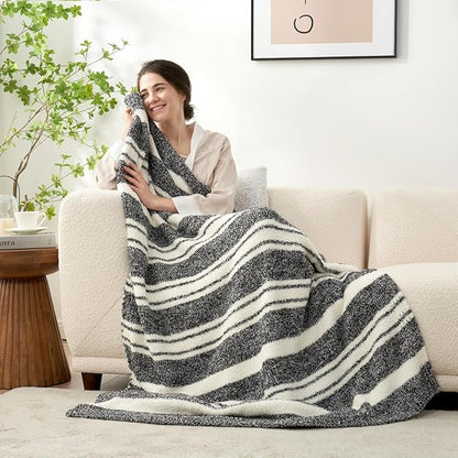 Snuggle Sac Heather Throw Blanket for Couch, Reversible Super Soft Blankets Warm Cozy Knit Fuzzy Plush Lightweight for Sofa, Bed, Camping, Picnic (Stripe Black, Throw(50"x 60"))