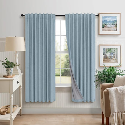 Light Blue Curtains for Bedroom 63 Inch Length 2 Panels Neutral Linen Textured Full Blackout Room Darkening Noise Reducing Curtain for Bay Window Kids Room Boys Nursery Dusty Slate Stone Blue 63 Long