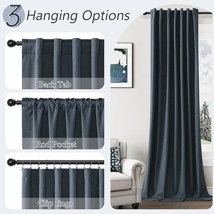 Guken Vintage Blue 100% Blackout Linen Curtains 72 Inch Length 2 Panels Set for Living Room Bedroom Back Tab/Rod Pocket Thermal Insulated Black Out Drapes Room Darkening Window Curtains